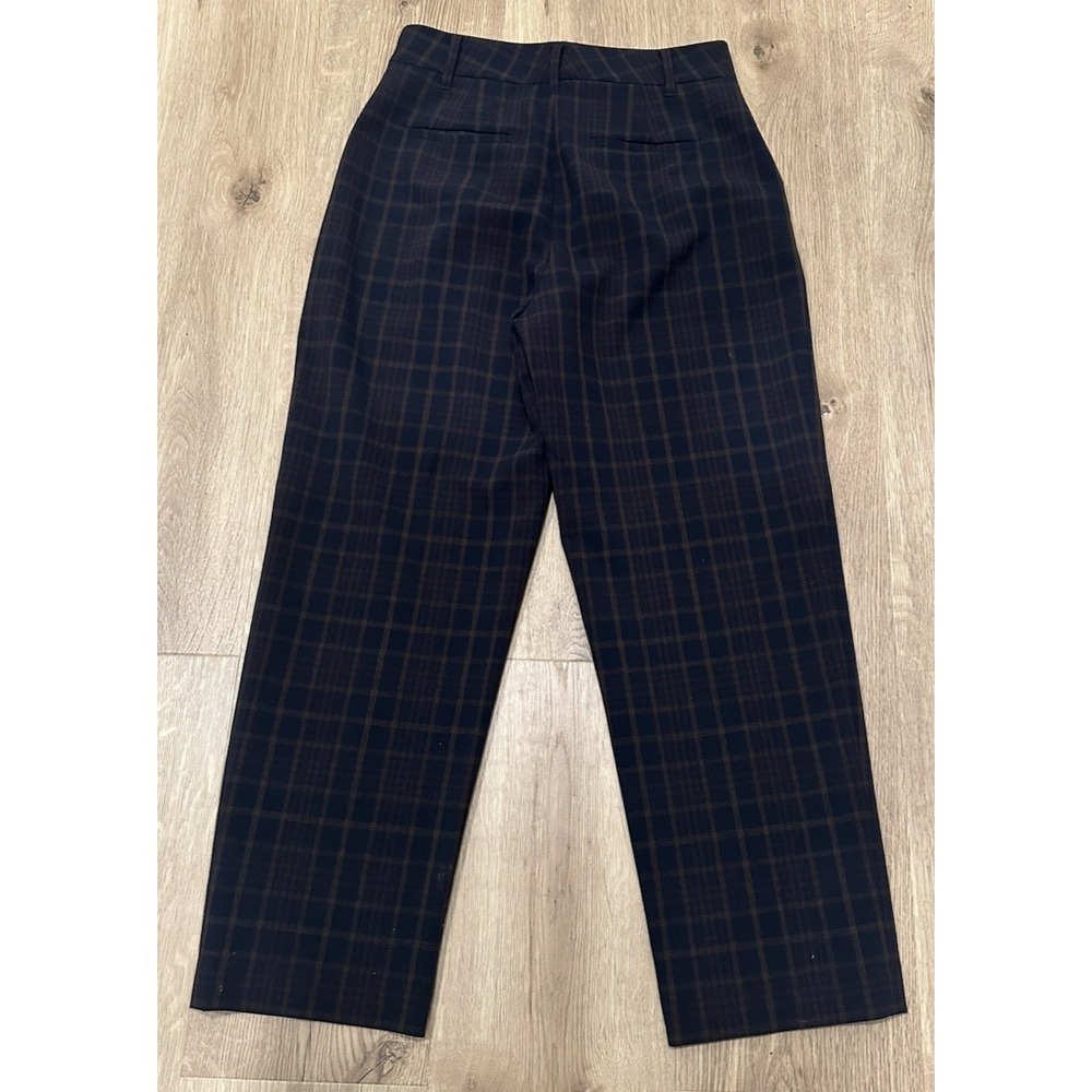 Aritzia Wilfred Navy Blue Plaid Pattern High Waisted Crop Trousers Pants Size 4 - Picture 5 of 6